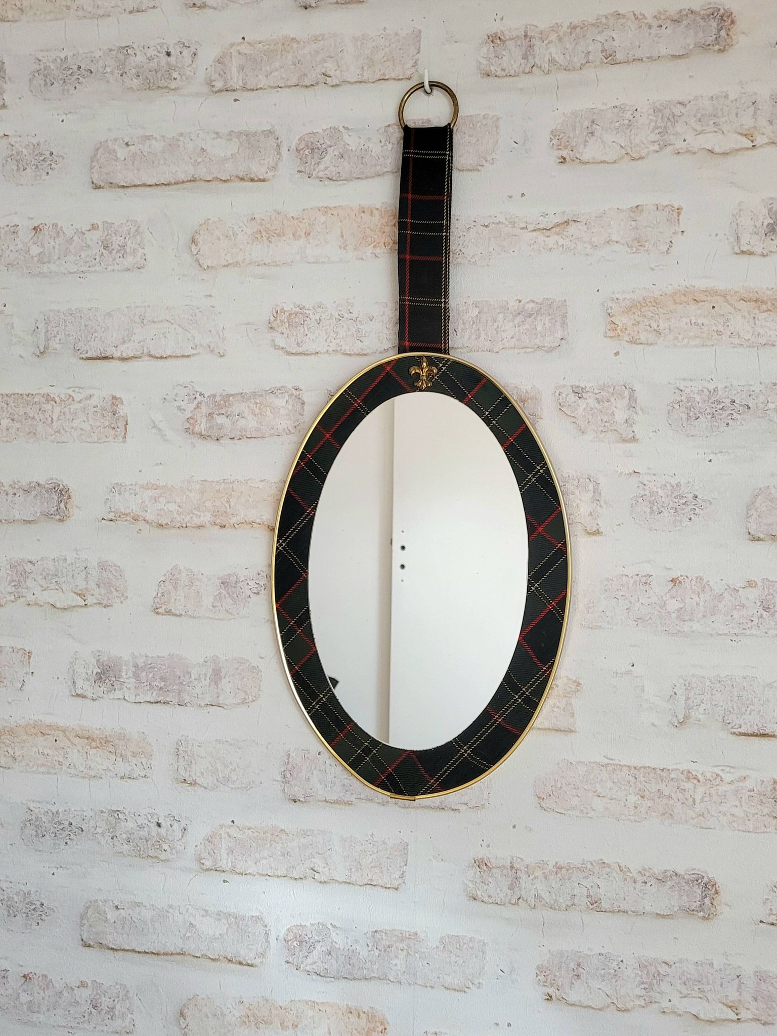 Miroir ovale vintage à décor de tartan