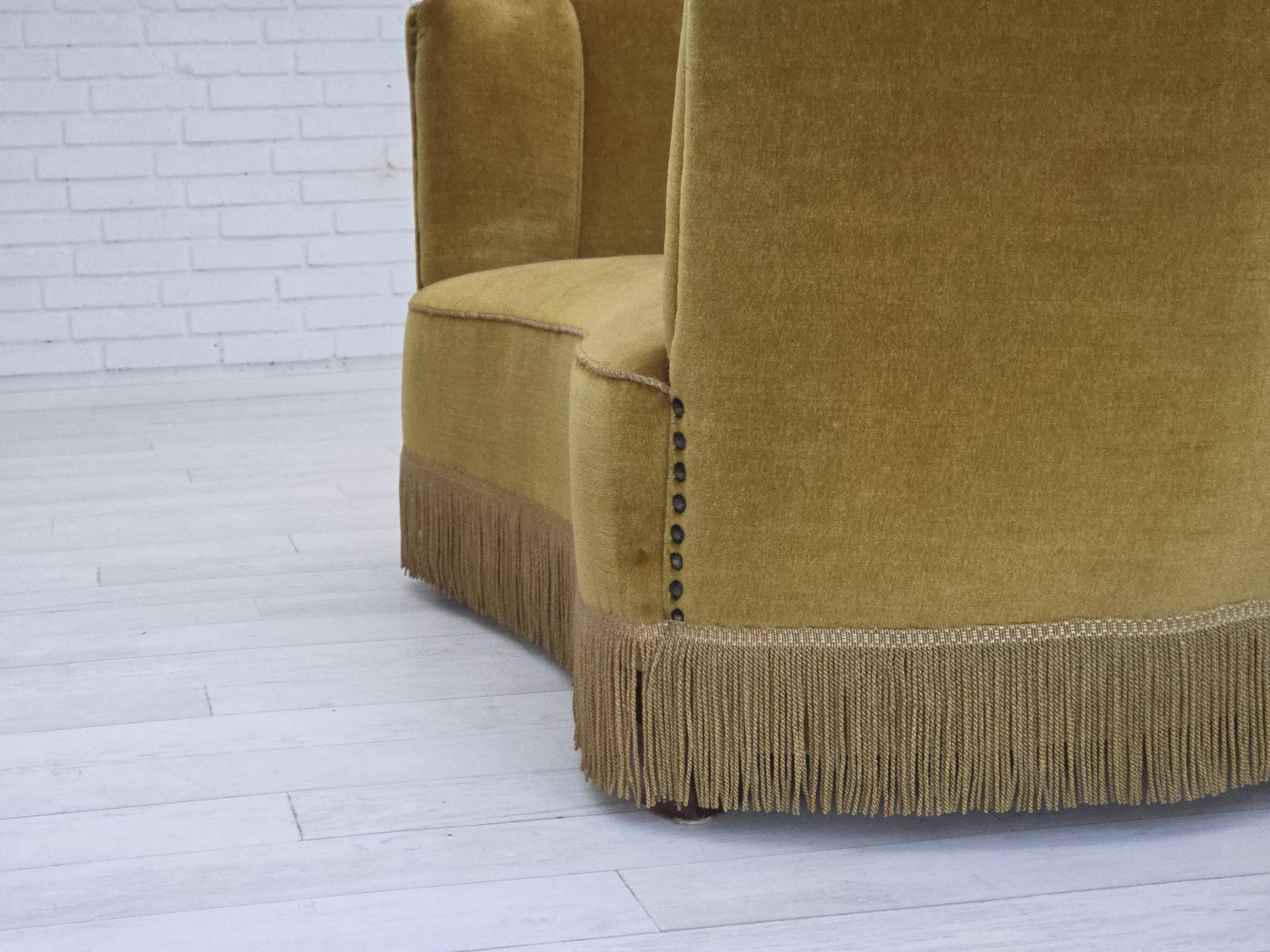 1960s, Danish 2-seater "Banan" sofa, green furniture velour, oak wood.