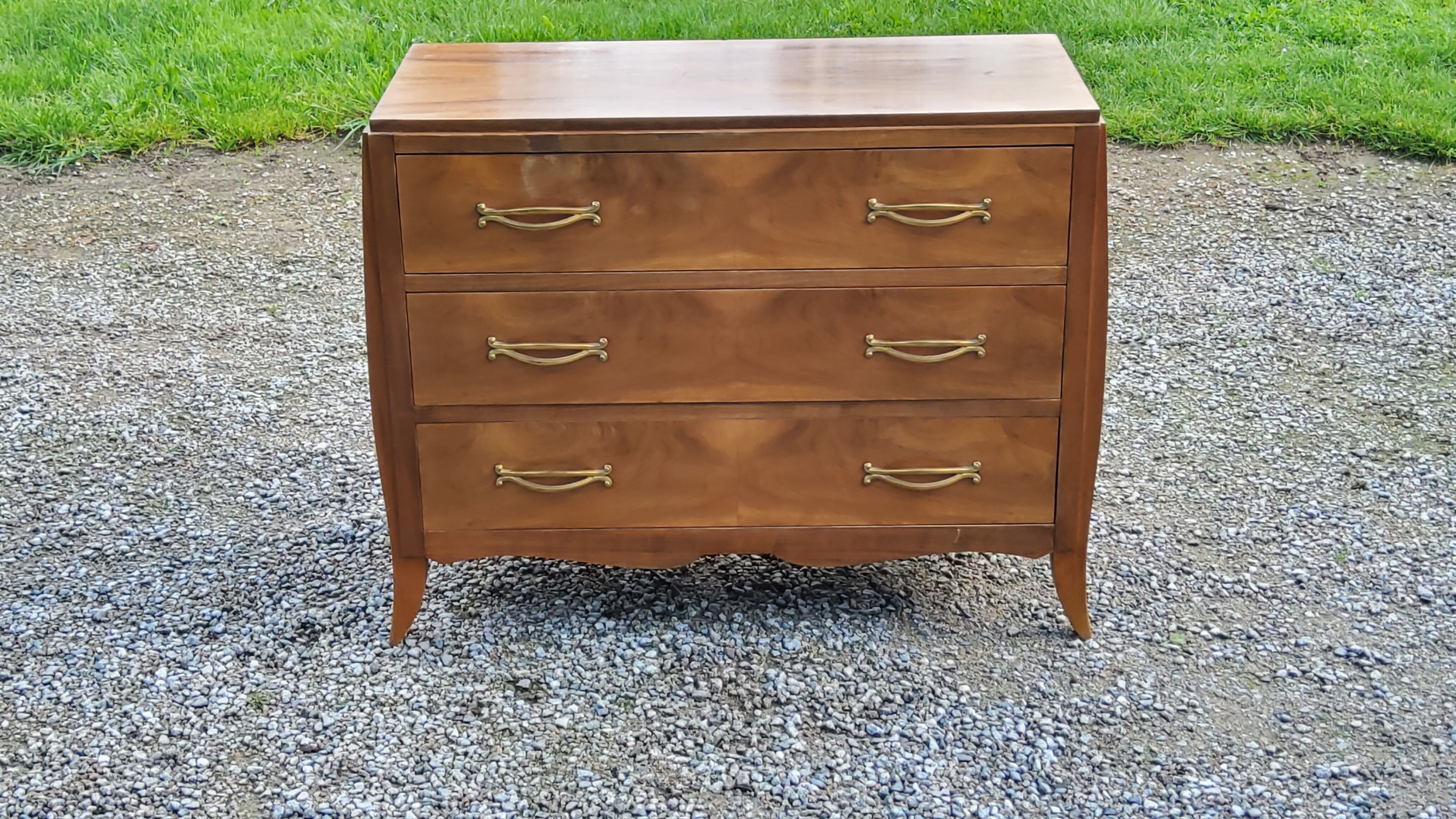 Chest of drawers from the 40s/50s in golden blond walnut 3 drawers feet compass