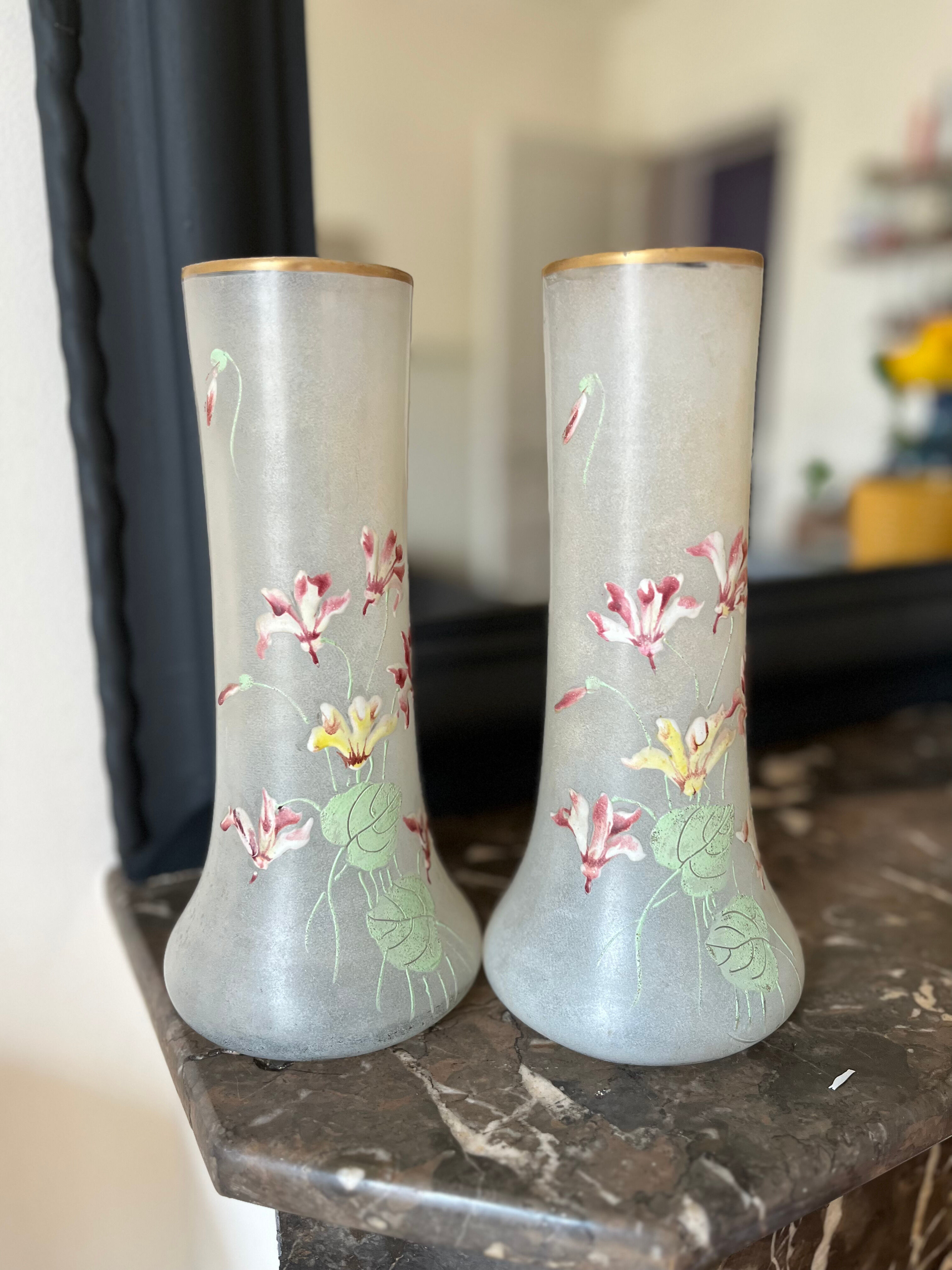 Pair of vases with flower motif by Legras late nineteenth early twentieth century