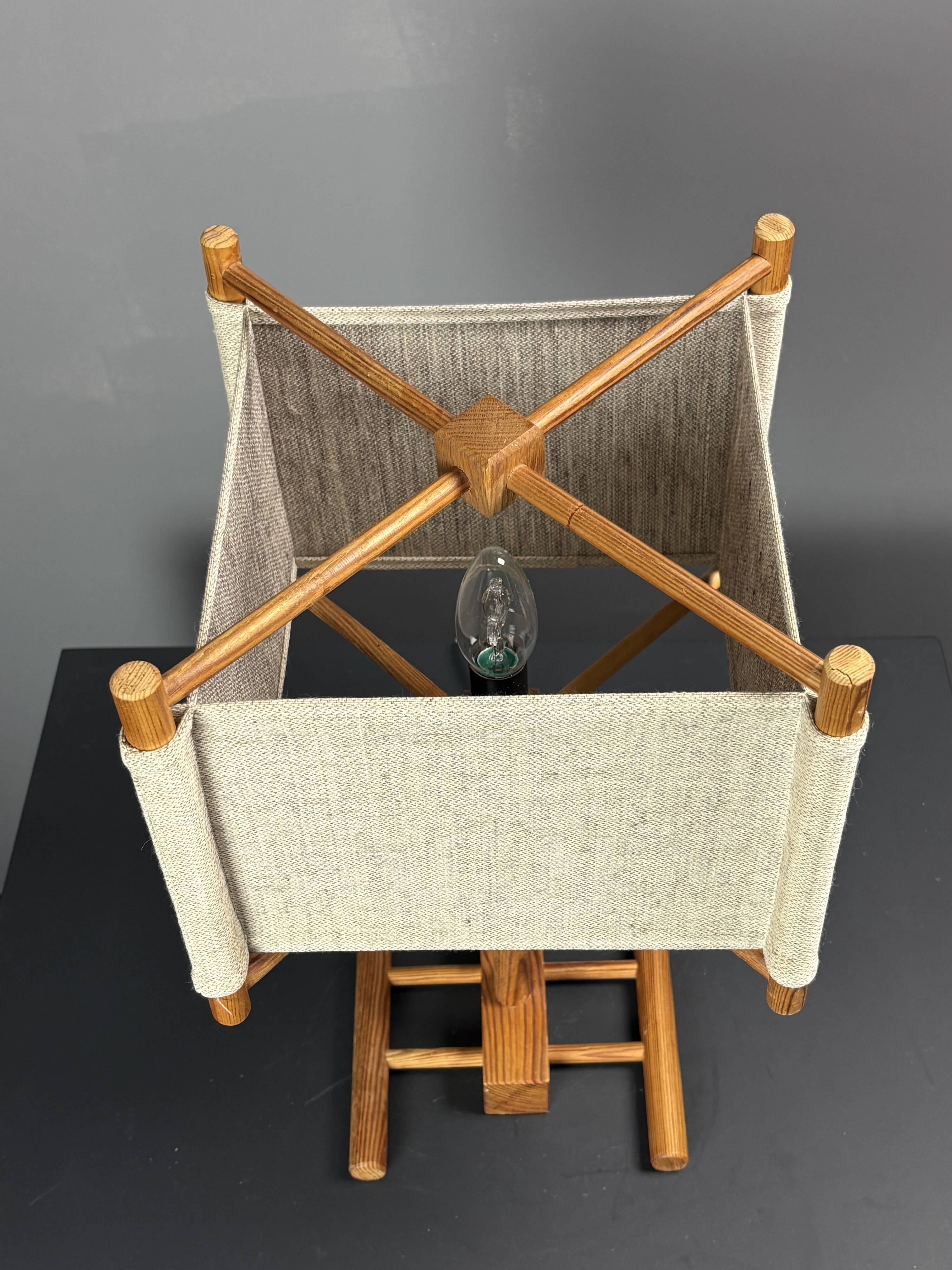 Midcentury Scandinavian pine table lamp with square fabric shade, 1970s