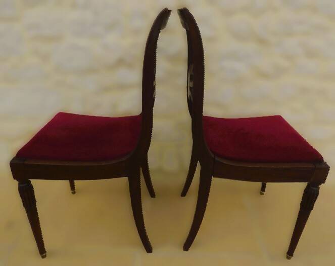 2 stylish solid wood chairs with red velvet fabric seats