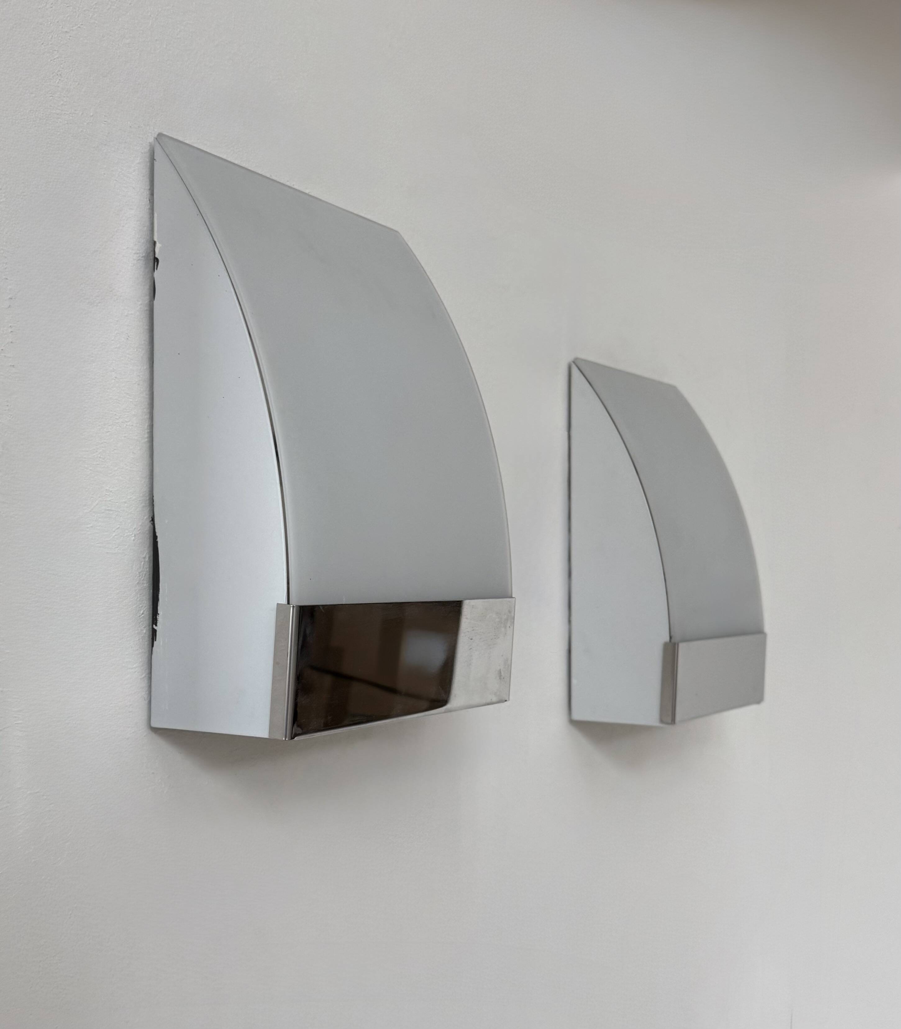 Pair of vintage wall lights, chrome-plated metal and frosted glass, France, 1980
