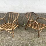 Paire de fauteuil en rotin et sa table ovale vintage