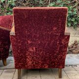 Pair of Art Deco club armchairs in burgundy red velvet, 1930s