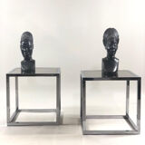 Pair of vintage cubic glass chrome metal side table with 1970 mirror glass tray