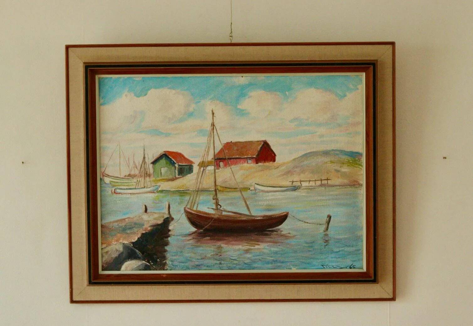 Peinture sur panneau vintage – « Motif bateau et maison »