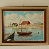 Peinture sur panneau vintage – « Motif bateau et maison »