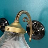 Pair brass wall lamps and holophane glass tulips porcelain rosette