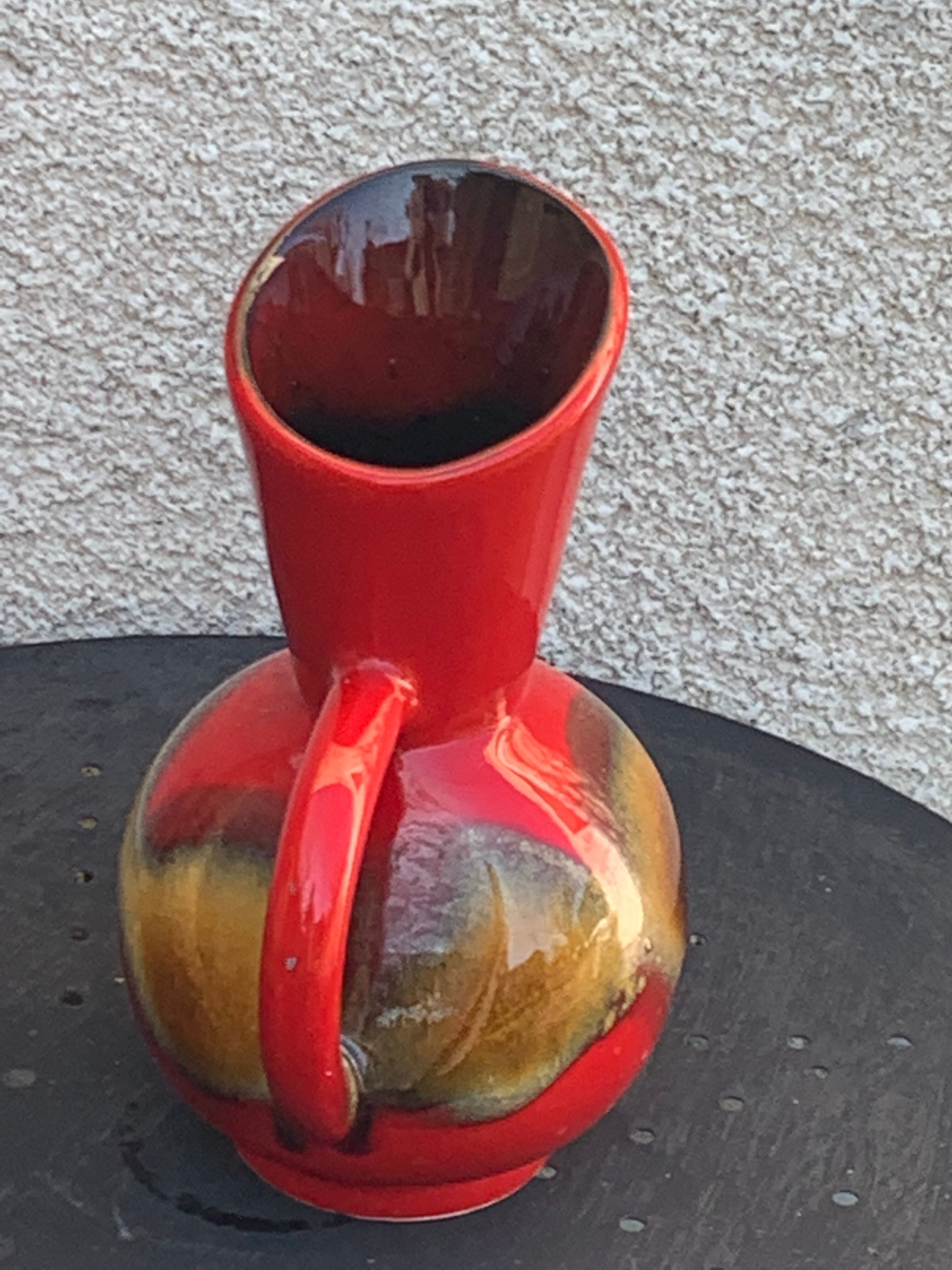 Red and beige glazed ceramic jug, pitcher, carafe, designer and vintage