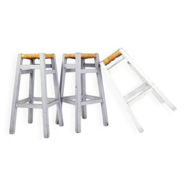 Ensemble de 3 tabourets de bar en jonc avec cadre en bois