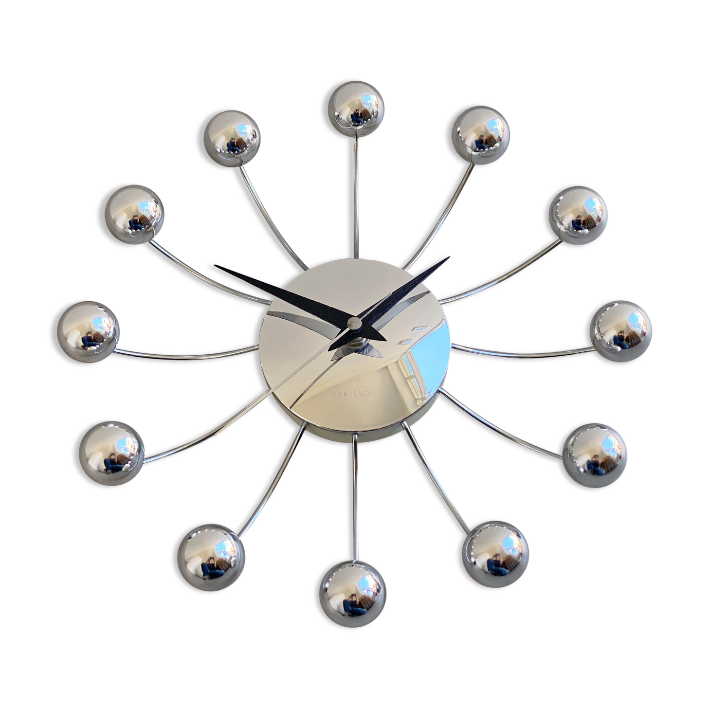 Chrome Karlsson spider wall clock with black hands, sputnik space age