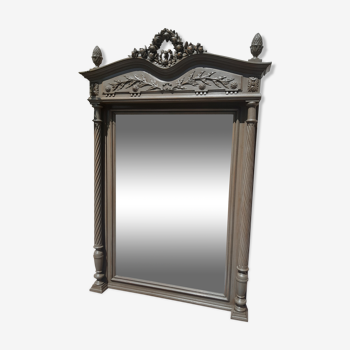 Old mirror carved patinated gray-green, Louis XVI style of period late XIX th.