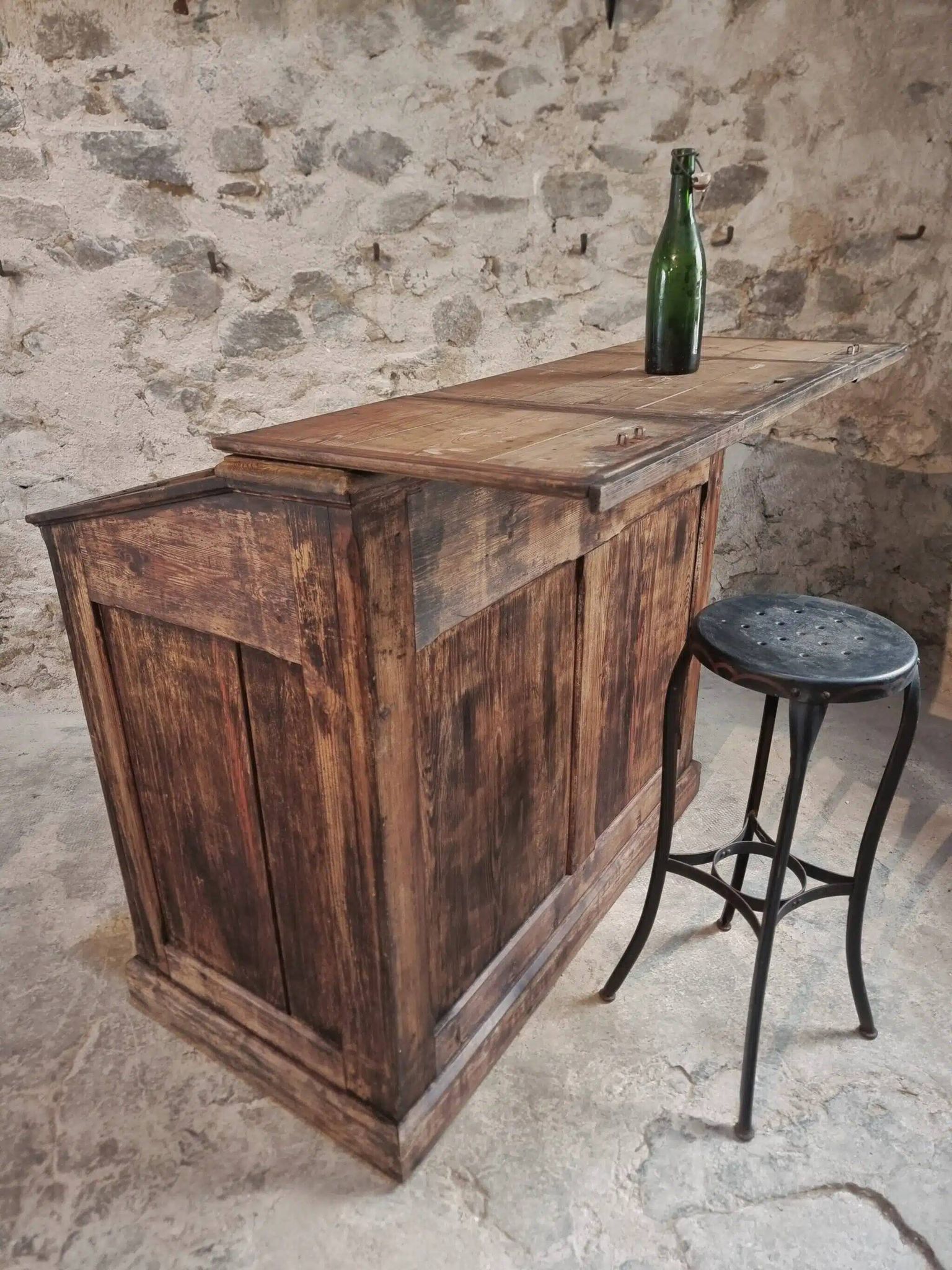 Antique French pine desk – 1880, bar/counter unit with drop-leaf compartments – 65×120×106 cm