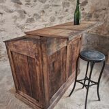 Bureau ancien en pin français – 1880, meuble bar / comptoir avec compartiments à abattants – 65×120×106 cm
