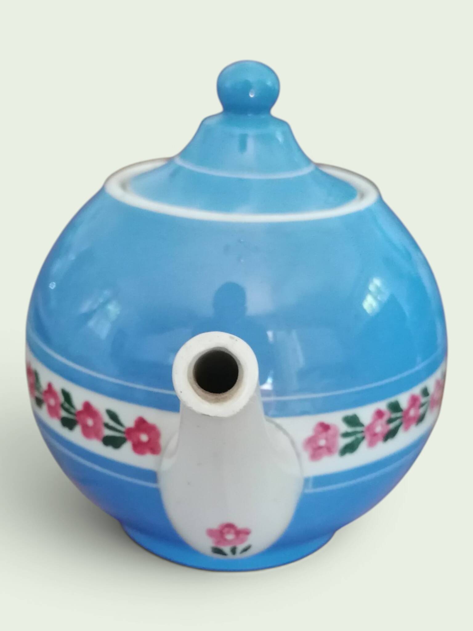 Service à thé en faience ancienne bleu et rose. Sarreguemine 1950