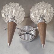 Double wall lamp in Scandinavian style - moulded glass and teak - 1960