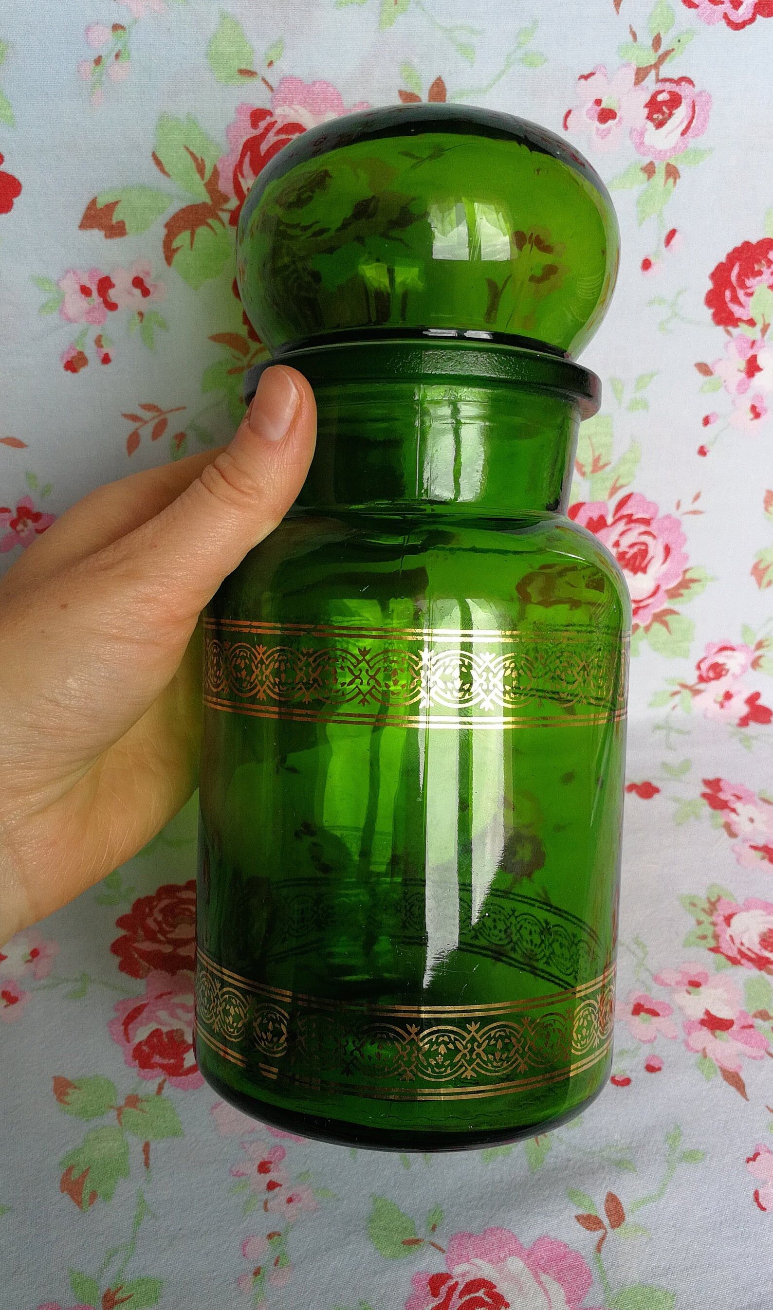 Green glass apothecary flask and golden edars old pot