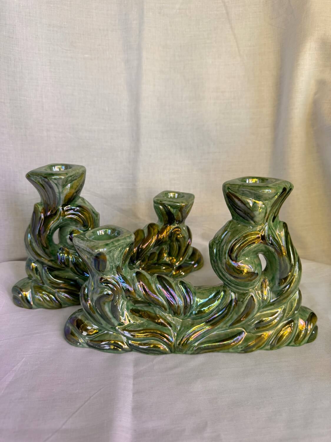 Lot de 2 bougeoirs doubles en céramique années 1930 Hubert Bequet