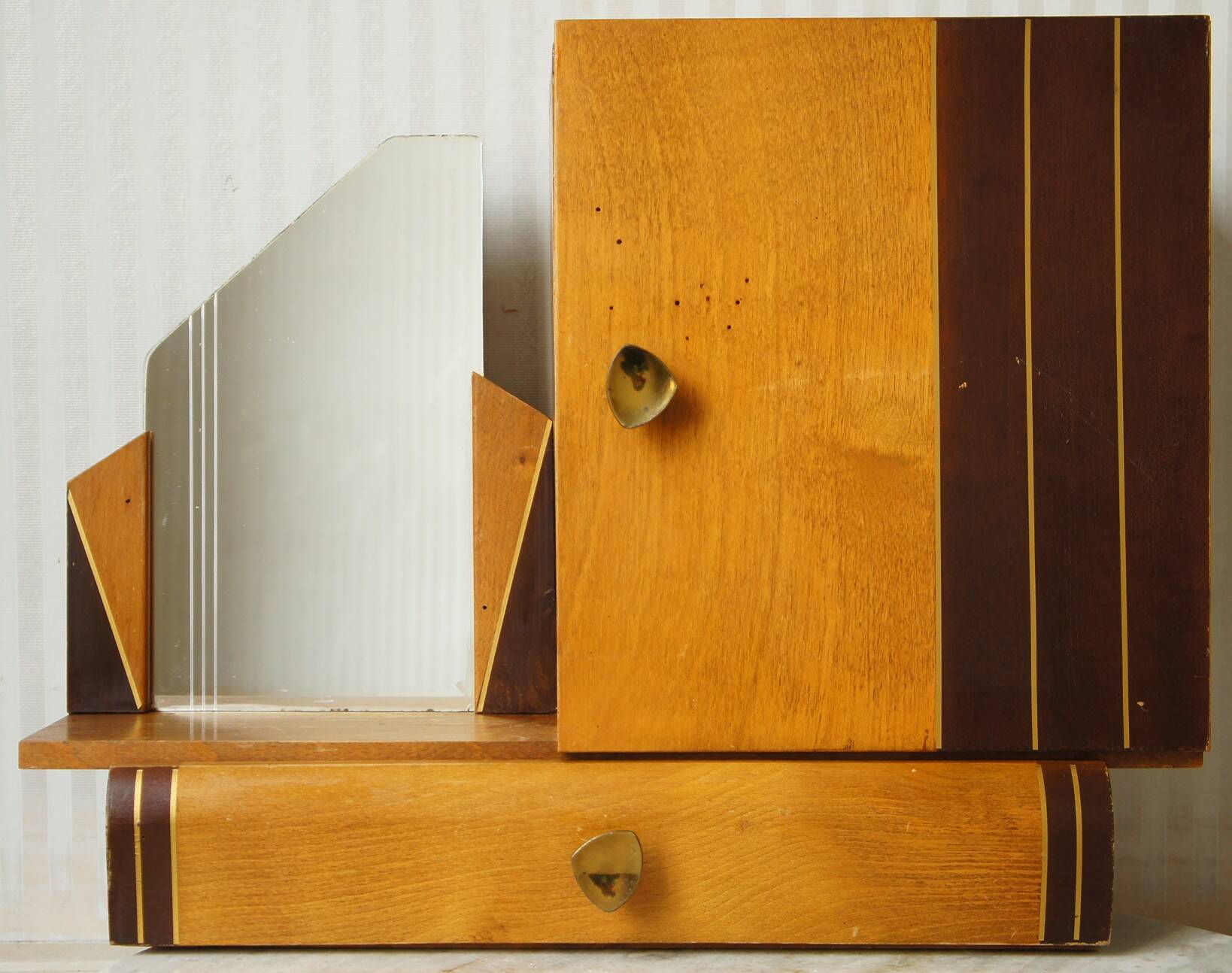 Asymmetrical art deco wall cabinet, drawer & mirror