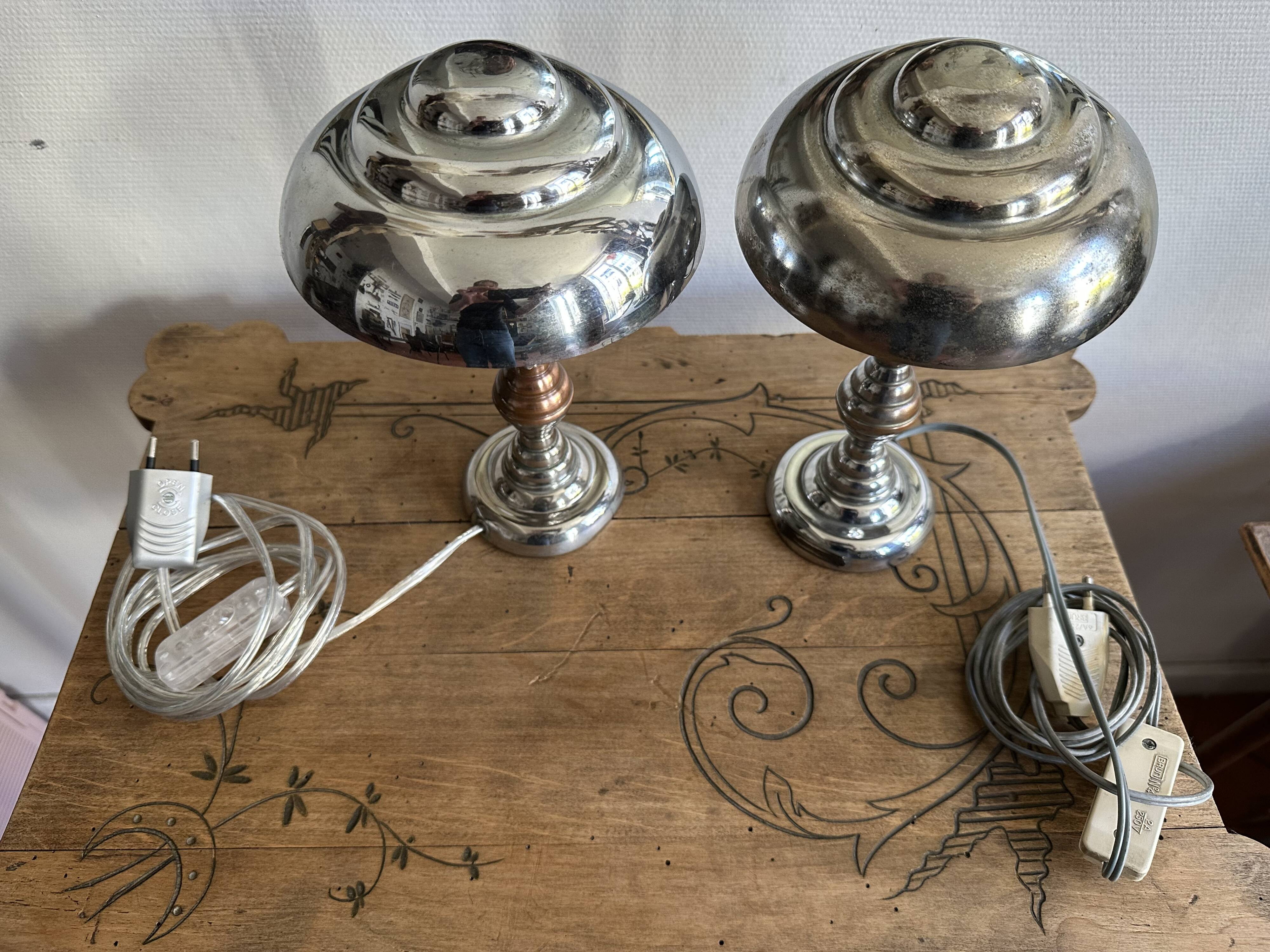 Pair of Art Deco ELAU mushroom lamps with adjustable nickel-plated metal.