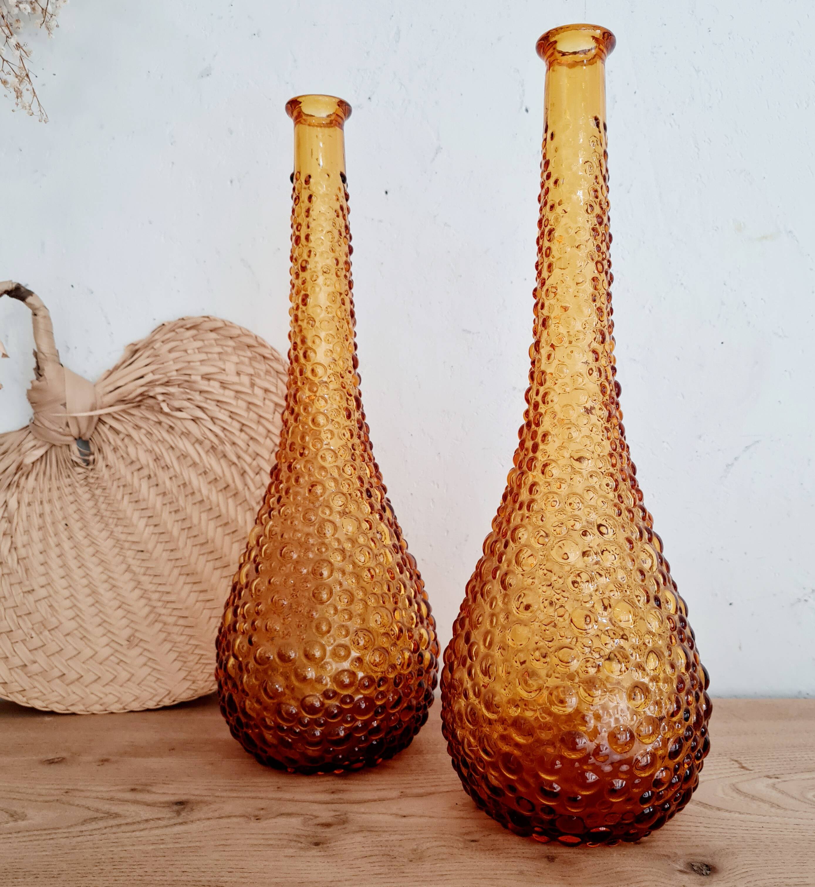 Pair of Italian Empoli vases in amber bubbled glass