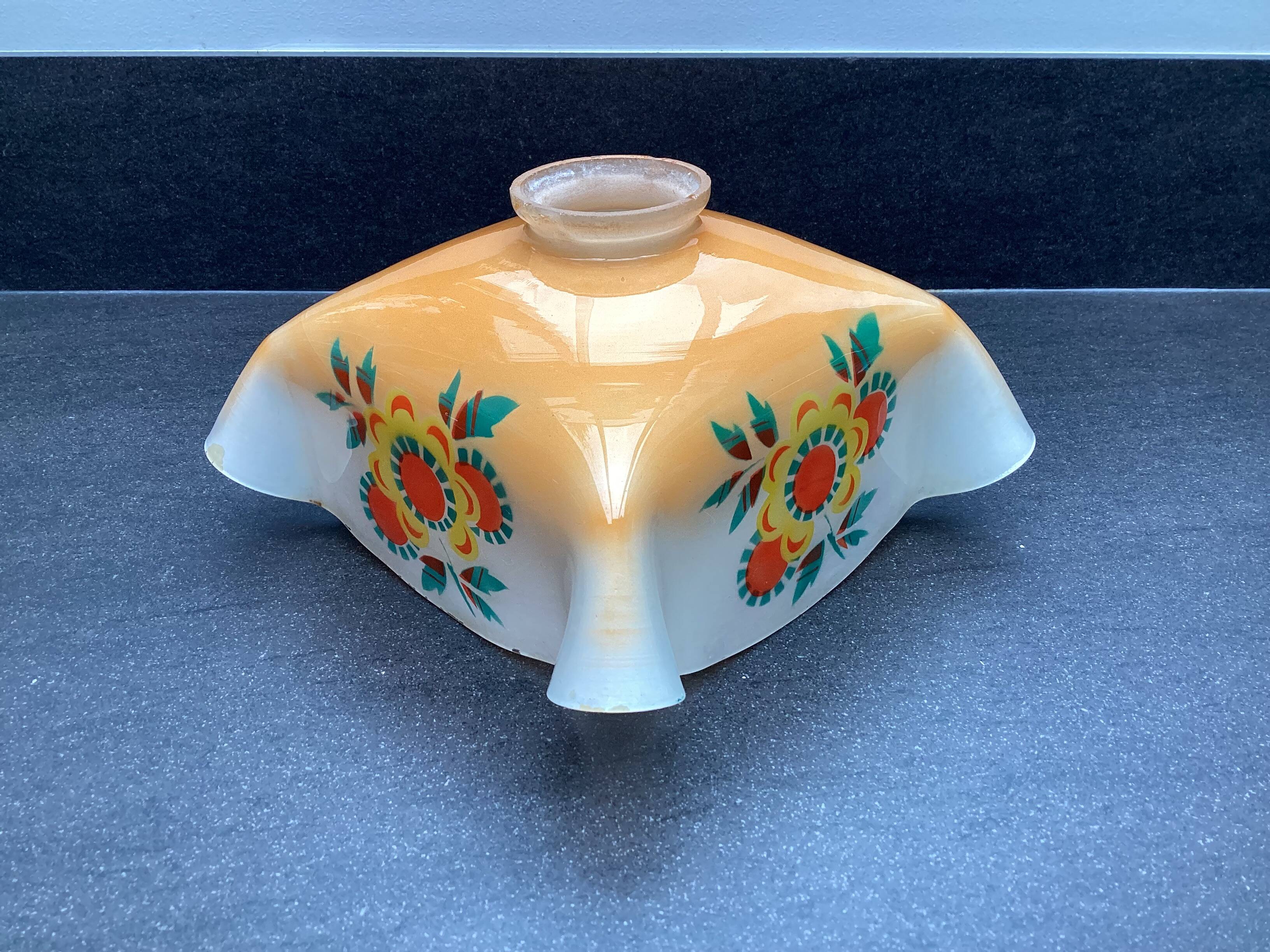 Vintage patterned painted glass pendant lampshade, Czechoslovakia