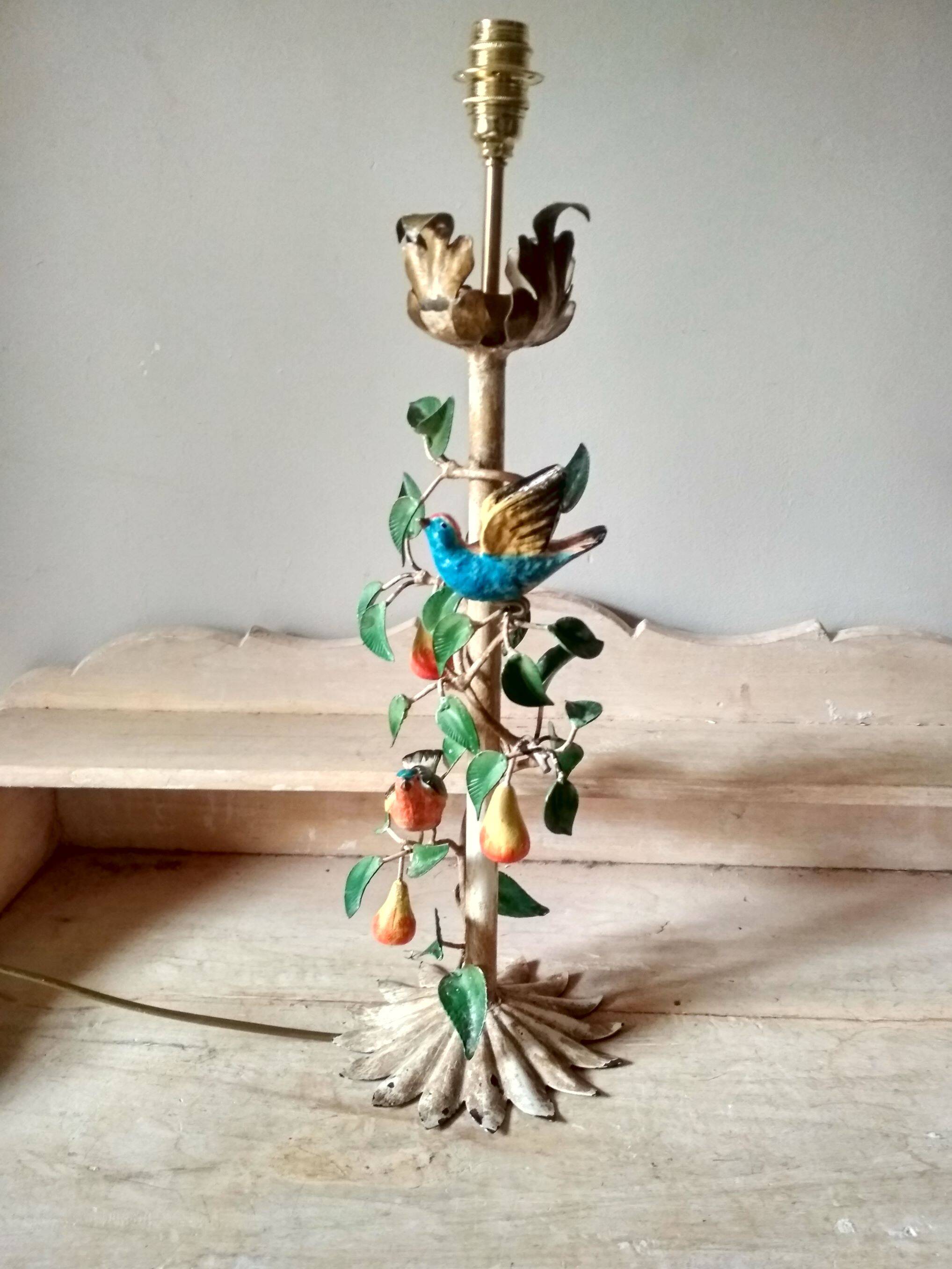 Painted metal candle holder lamp - wrought iron fruit and bird lamp base