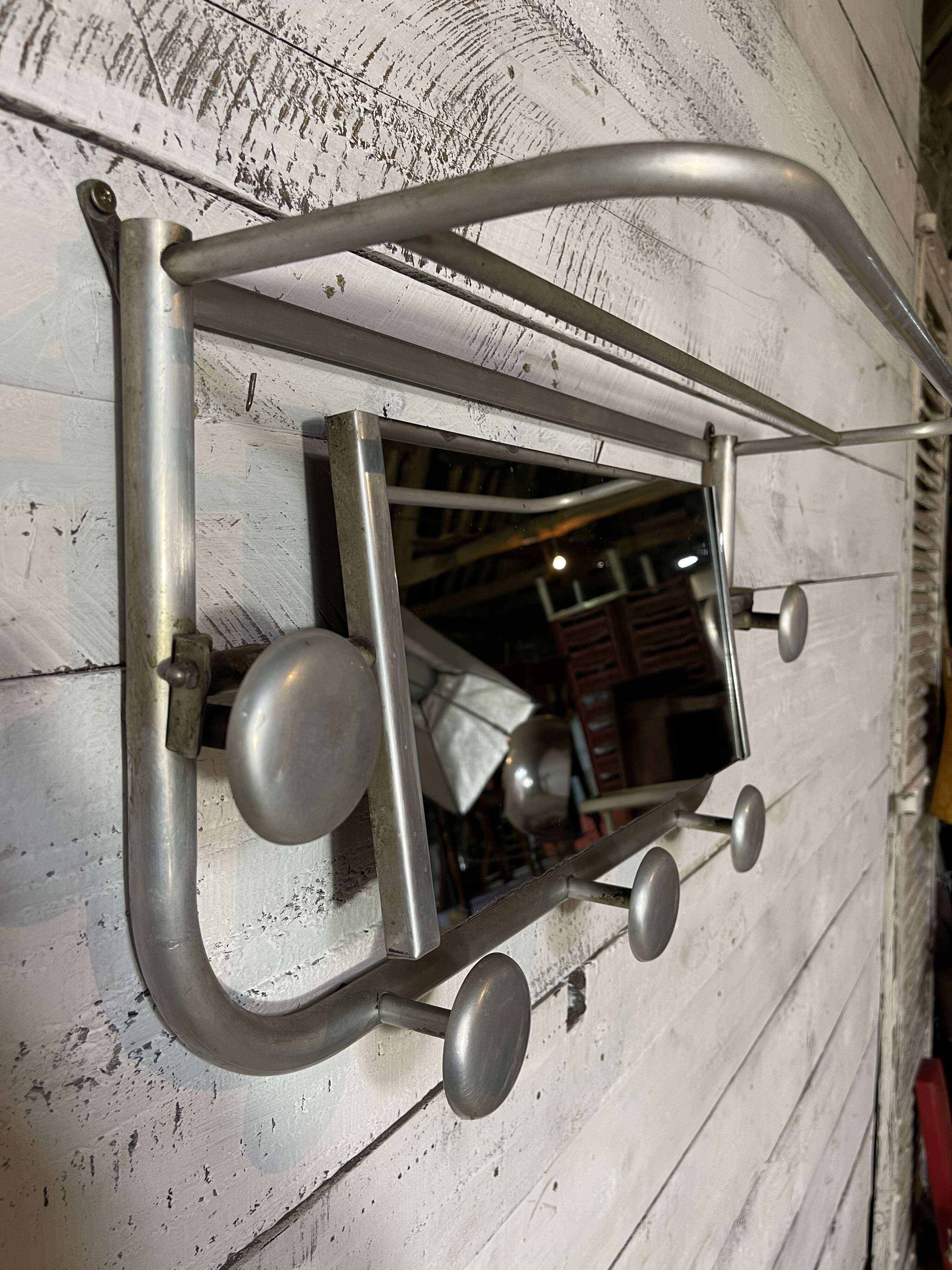 Aluminum wall-mounted coat rack with mirror