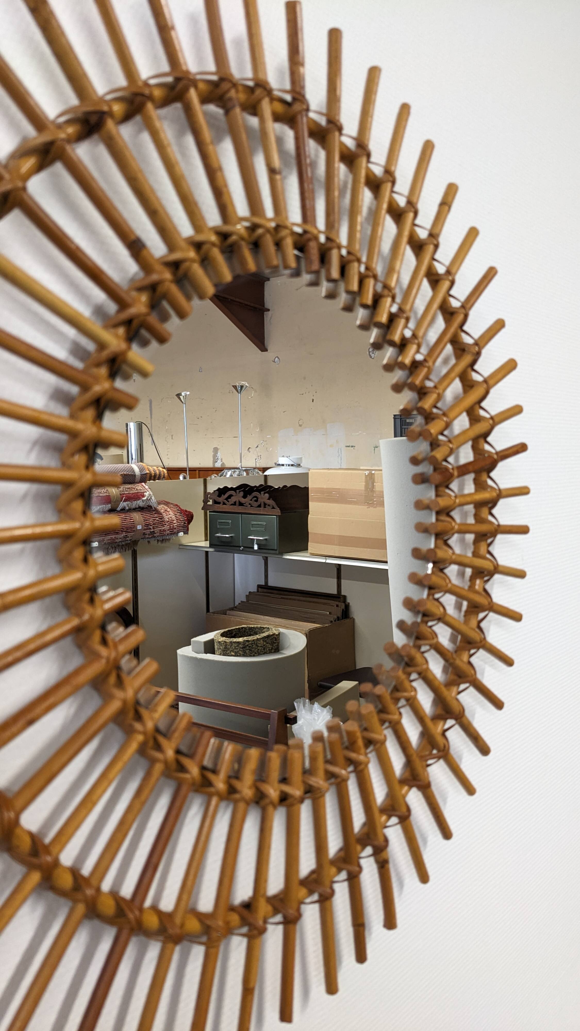 XL sun mirror in rattan, France circa 1960
