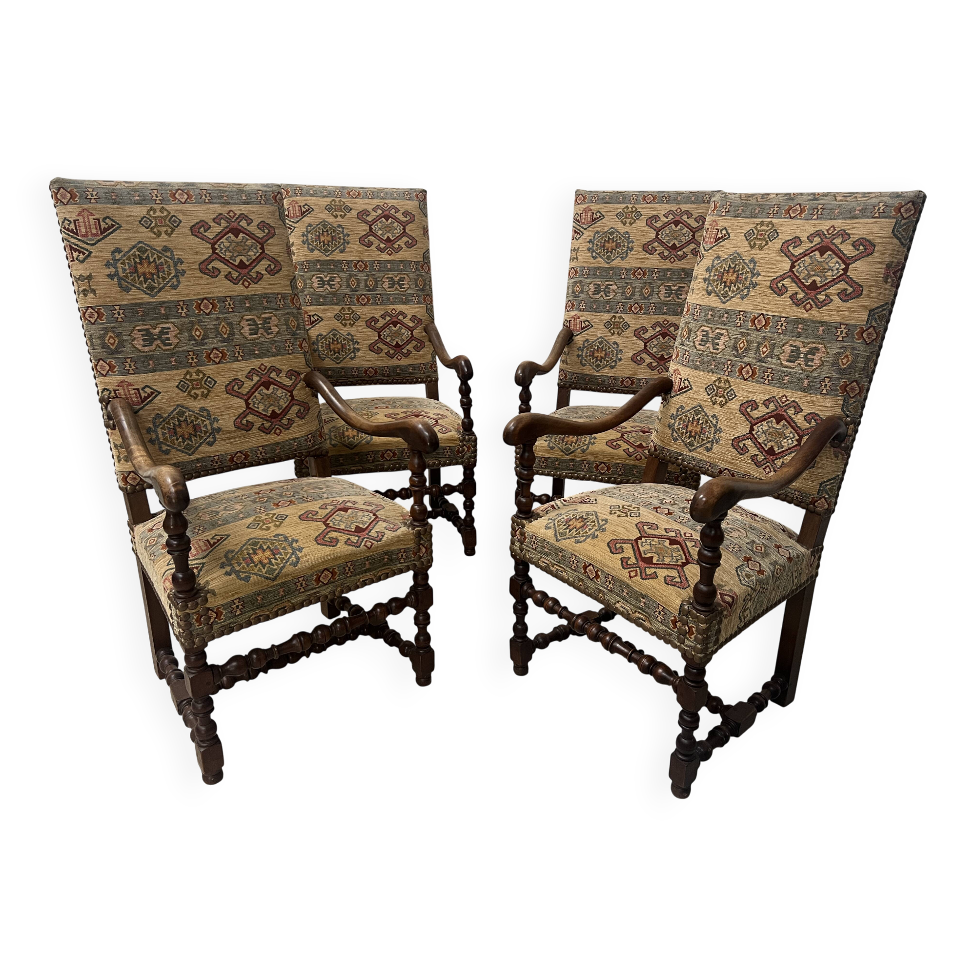 Set of four Louis XIII style high-back armchairs, 20th century.