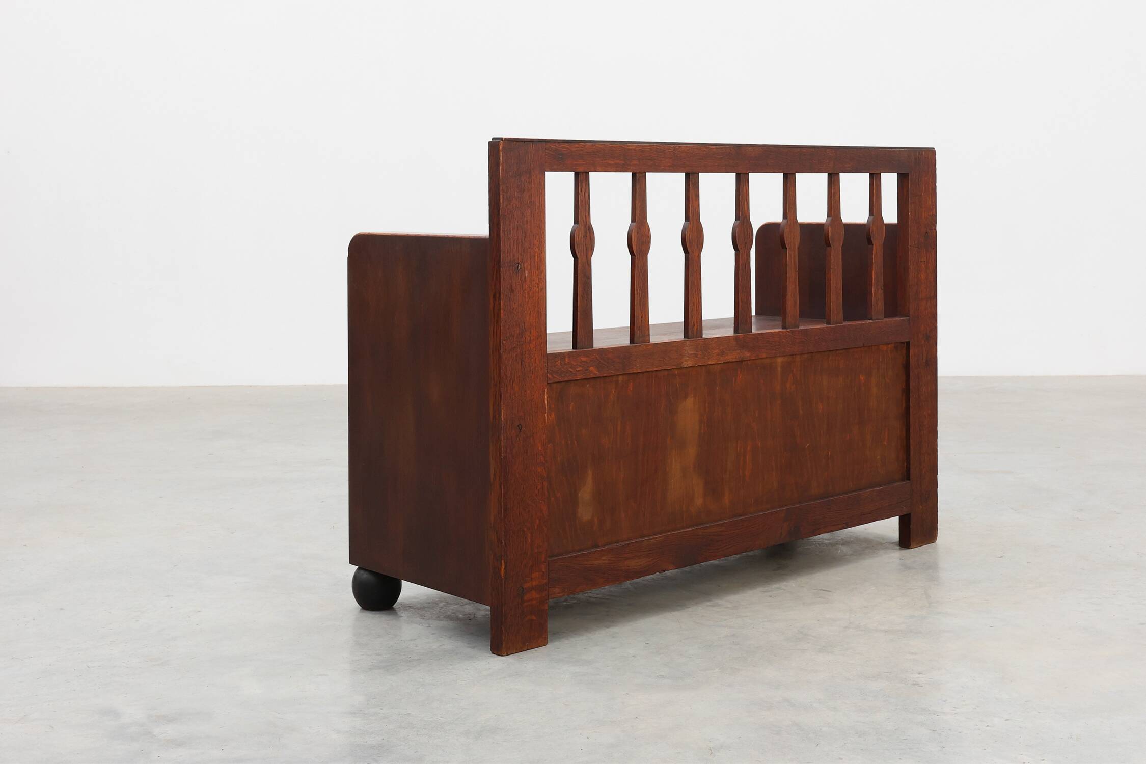 Modernist Art Deco bench with lift-top storage seat in solid oak, Belgium
