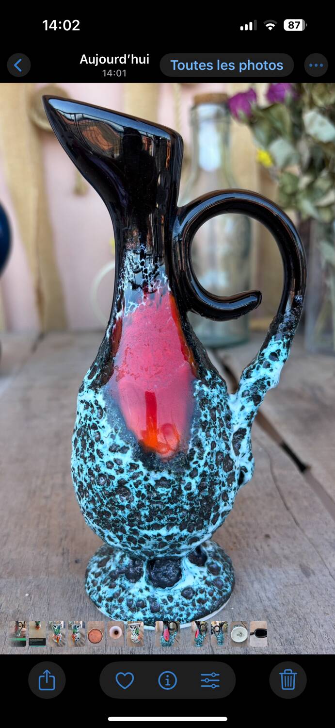 Vintage fat lava vase – turquoise red ceramic foam
