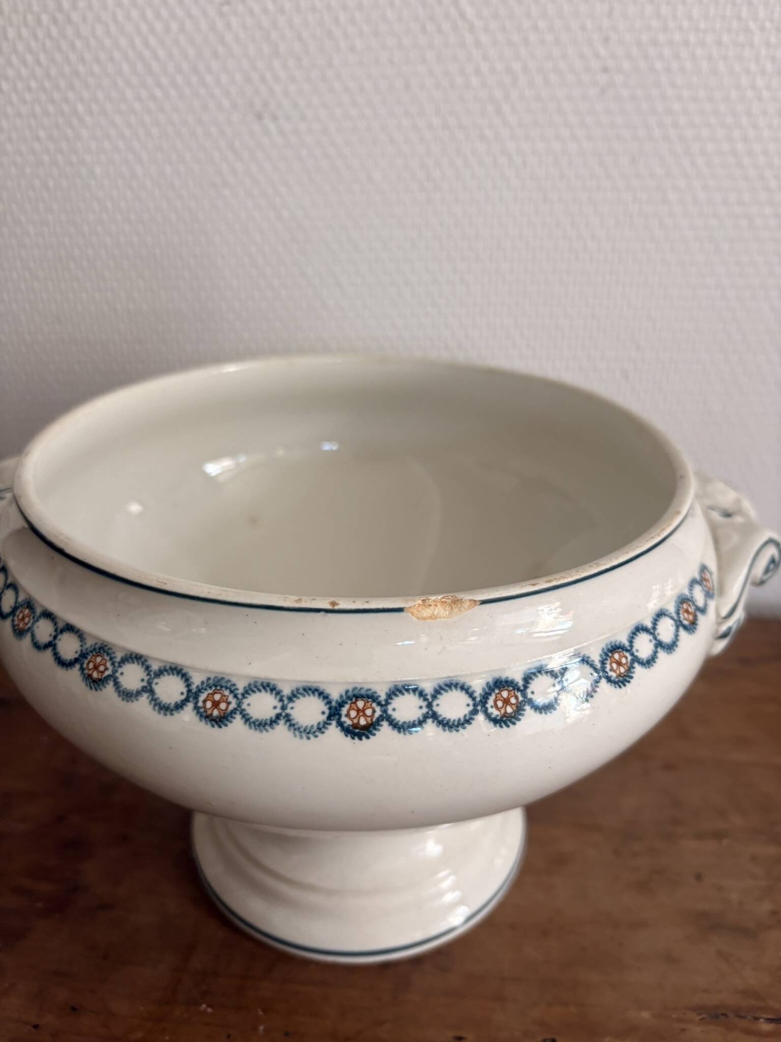 Antique Soup Tureen Vegetable Dish Faience Longwy Henri II Style Geometric Frieze