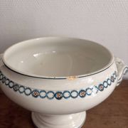 Antique Soup Tureen Vegetable Dish Faience Longwy Henri II Style Geometric Frieze