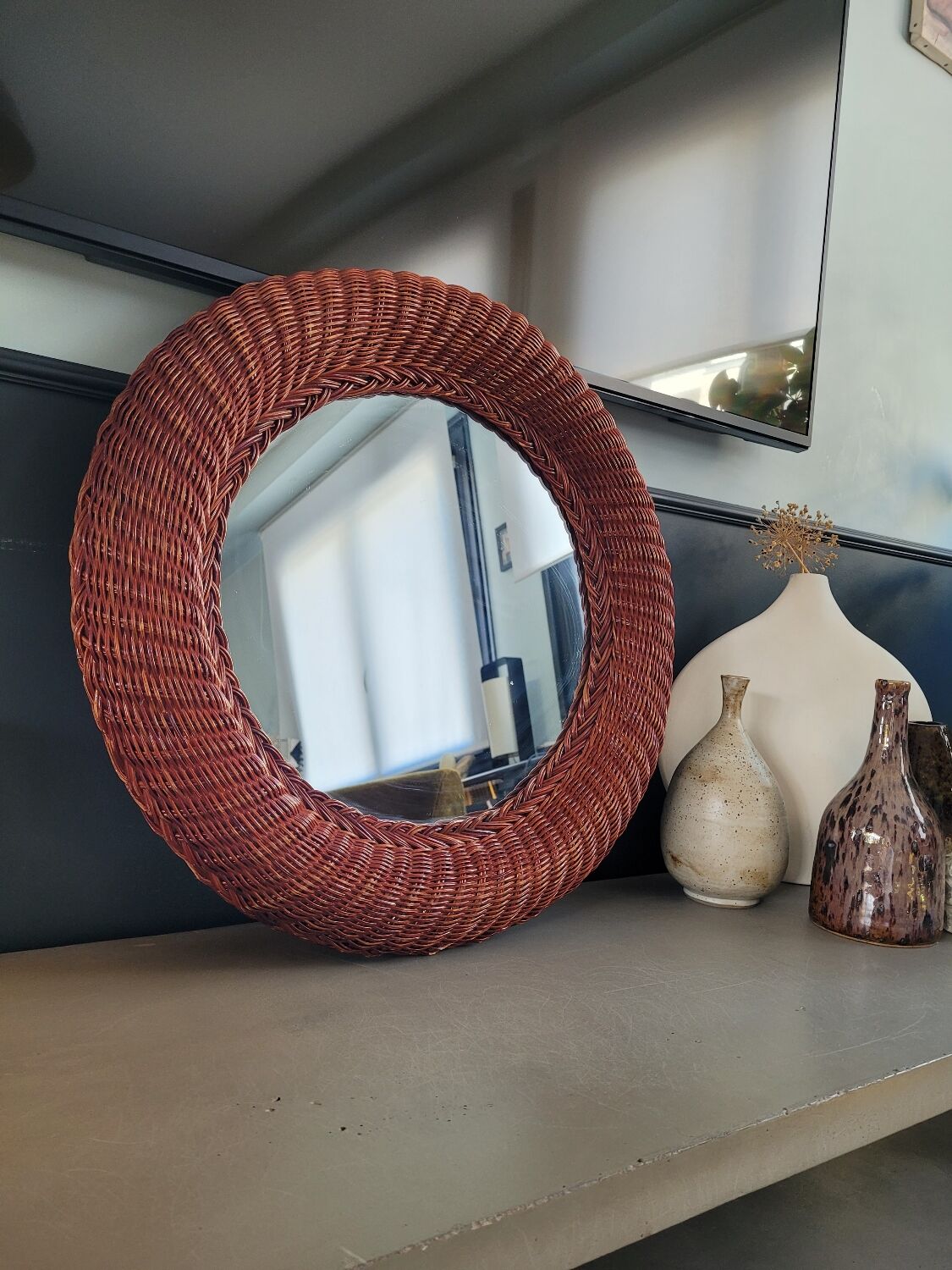Vintage round rattan mirror