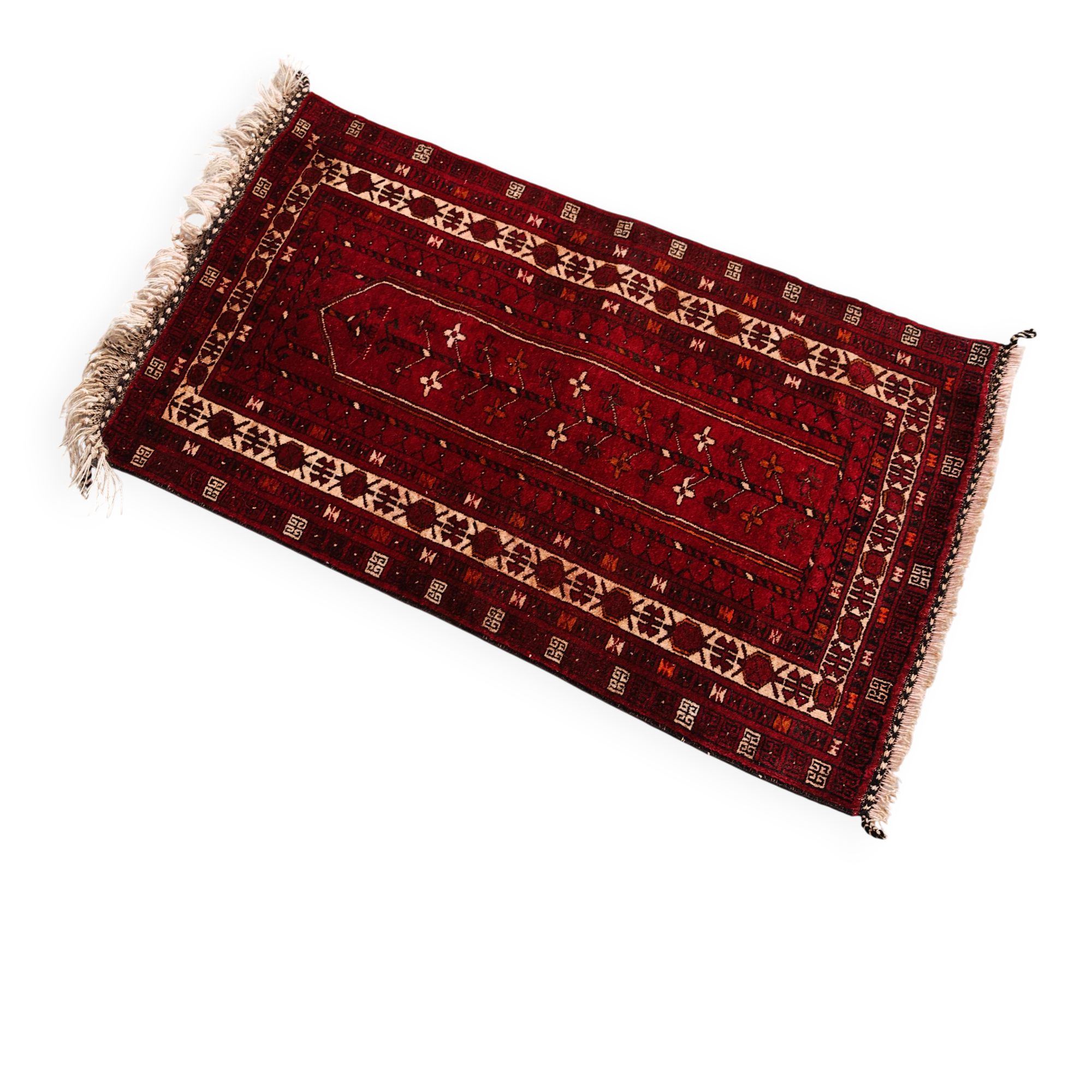 Vintage Afghan tribal prayer rug, hand-knotted from the 1950s.