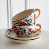 Lot de 2 tasses + soucoupes HB Quimper décor floral F436 – Peintes main