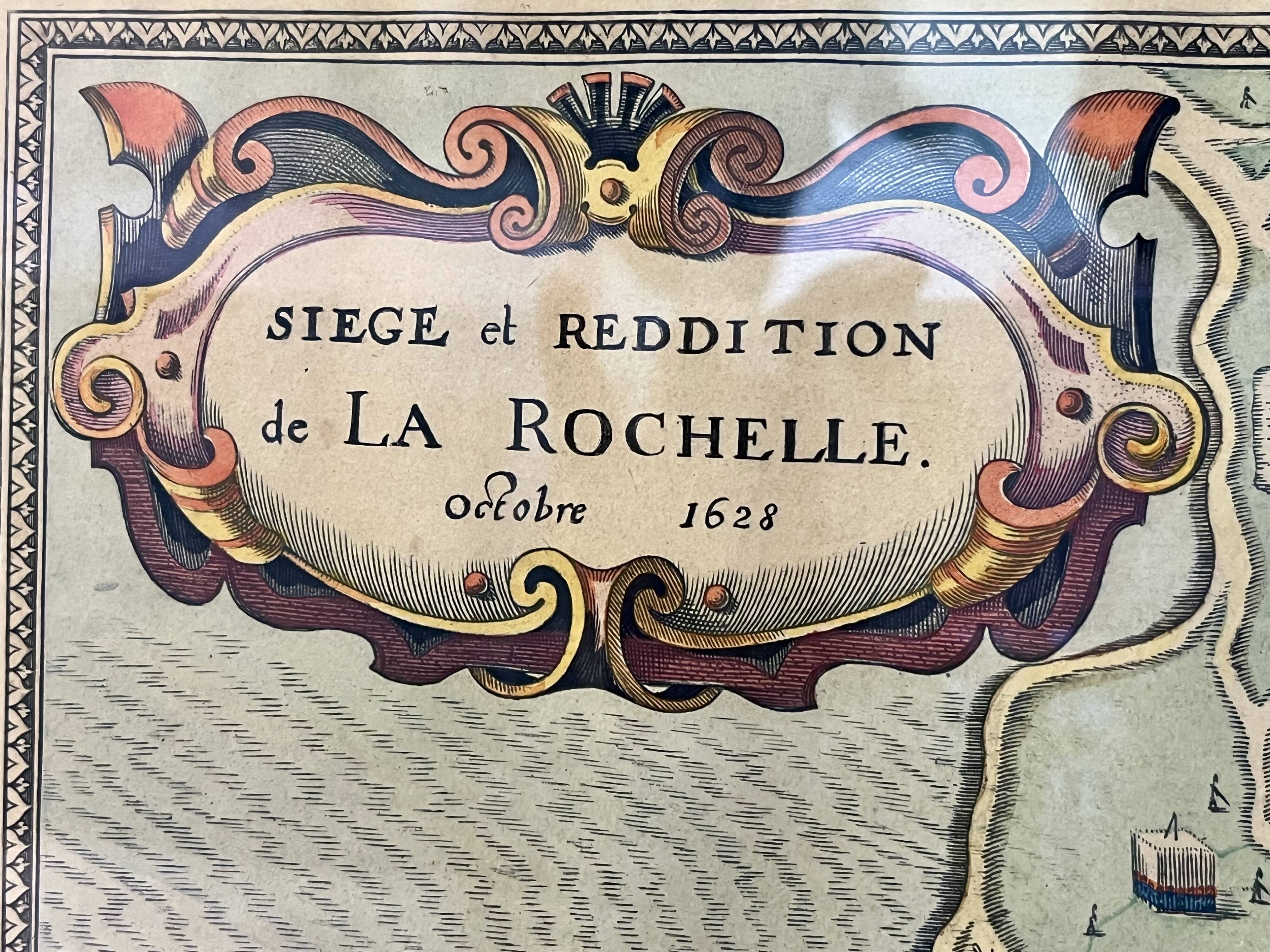 Engraving map siege & surrender La Rochelle -1628
