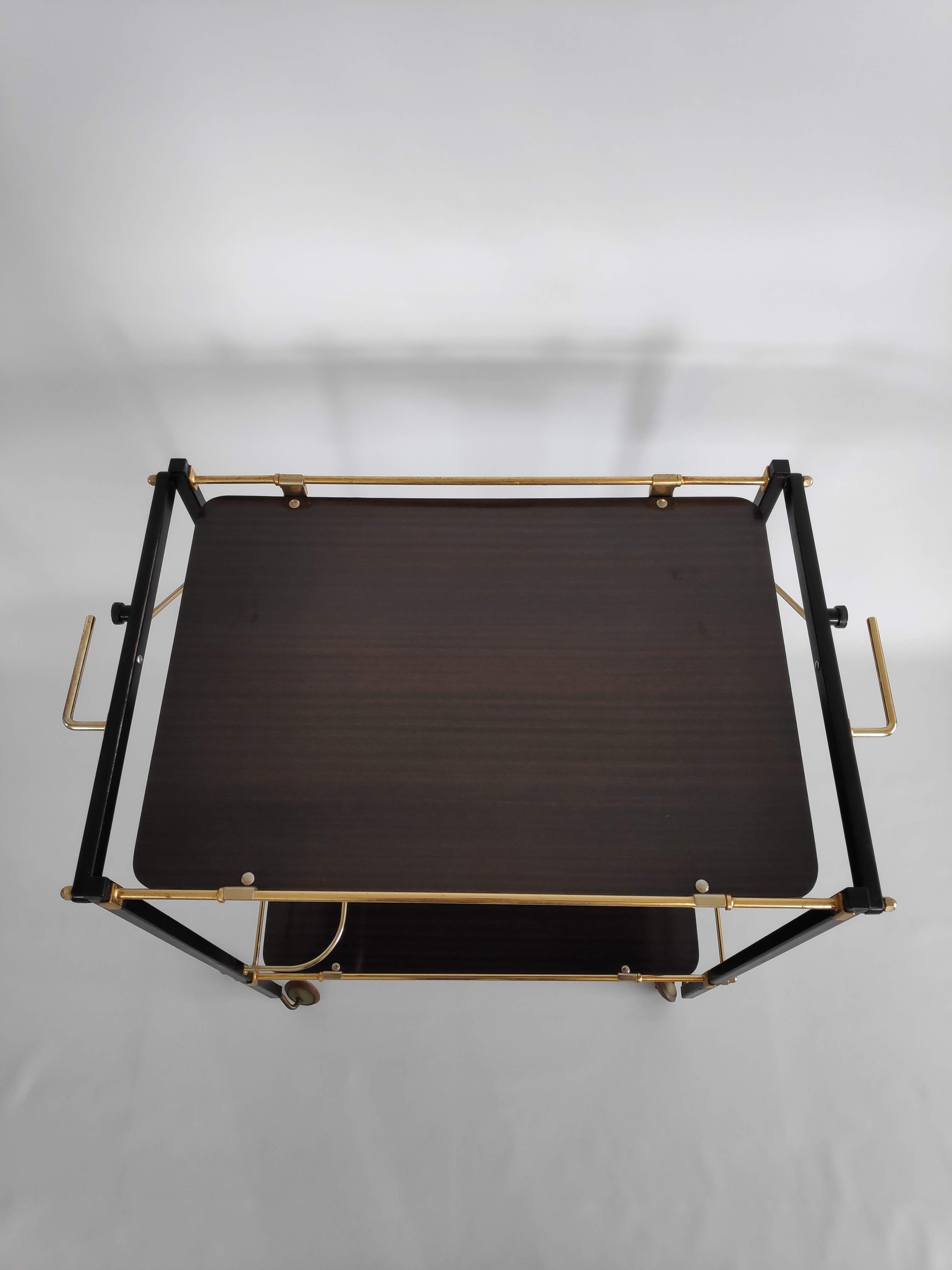 Side table with wheels in gilded metal and laminated veneer from the 70s