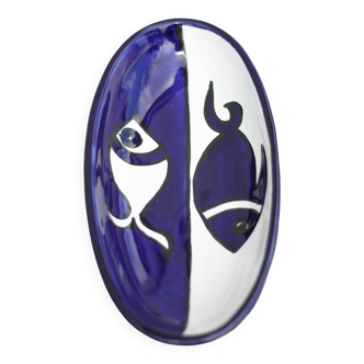 Vintage ceramic dish, blue and white oval dish with fish patterns, made in Italy