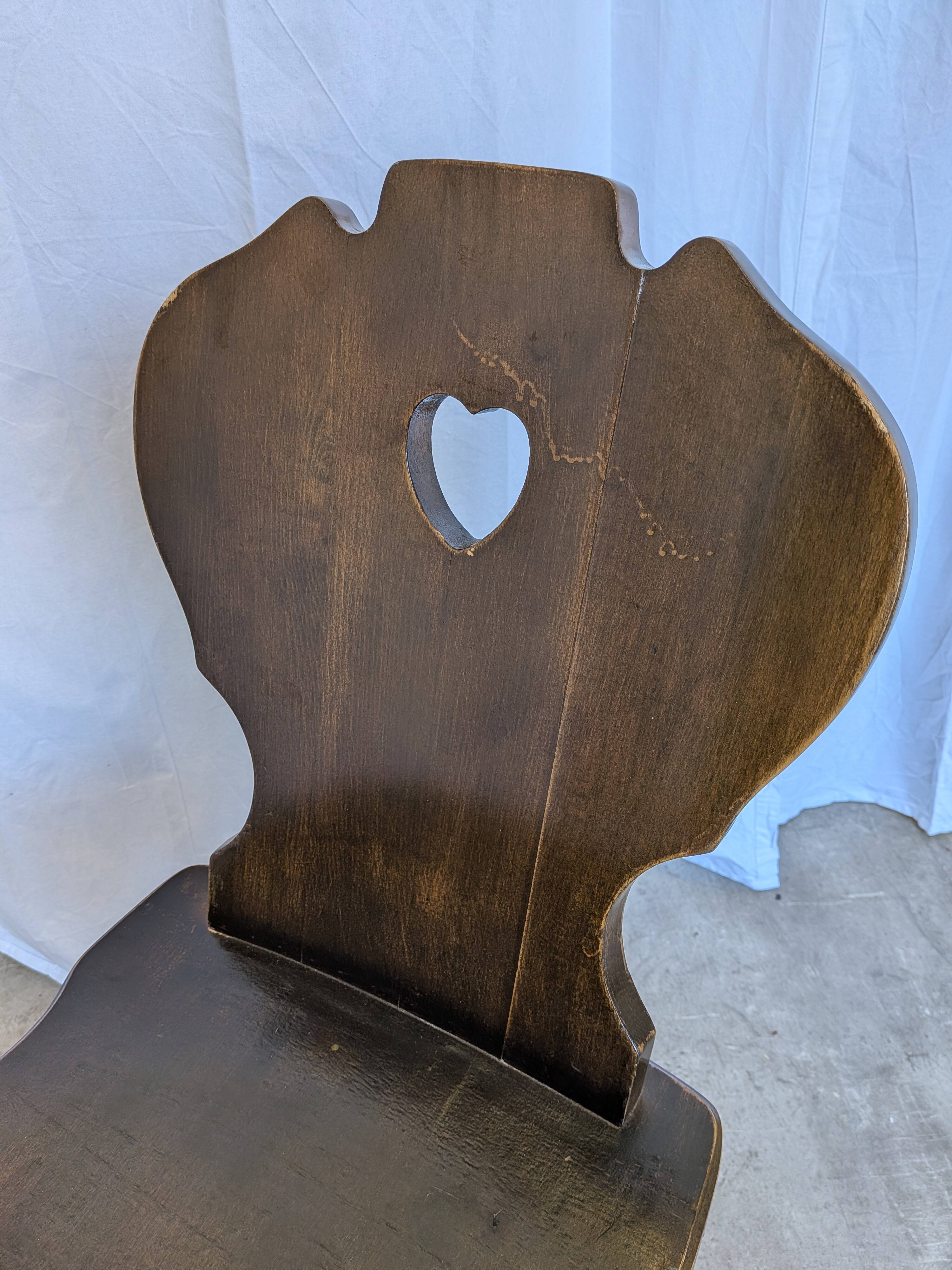 Vintage Tyrolean Heart Cutout Wooden Dining Chair / Bobbin-turned Legs