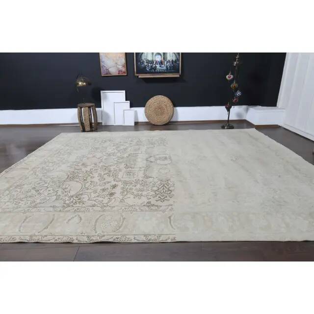 1970s Vintage Persian Handmade Wool Cotton Beige Area Rug 285x370