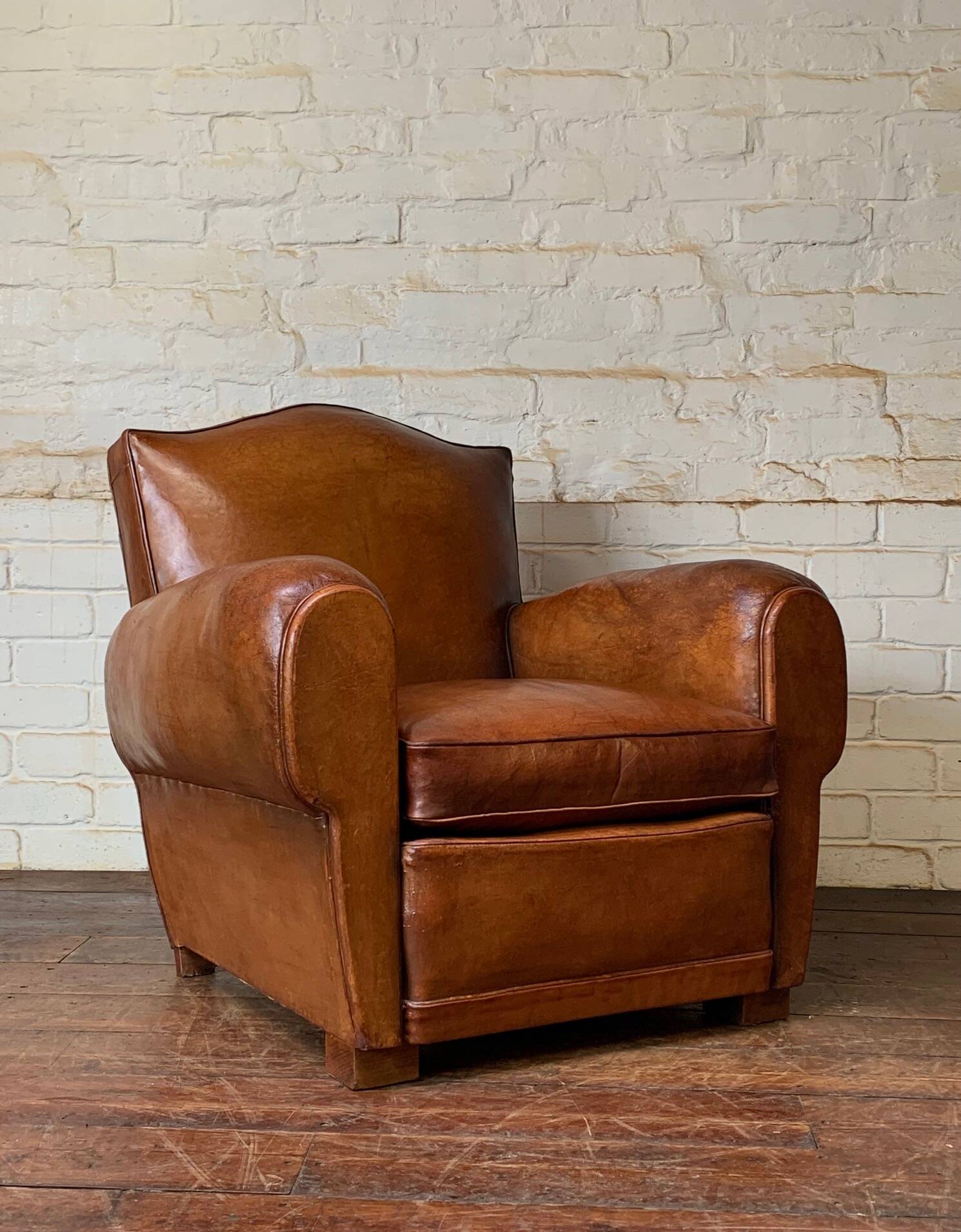 French leather club chair chapeau de gendarme in caramel c 1950