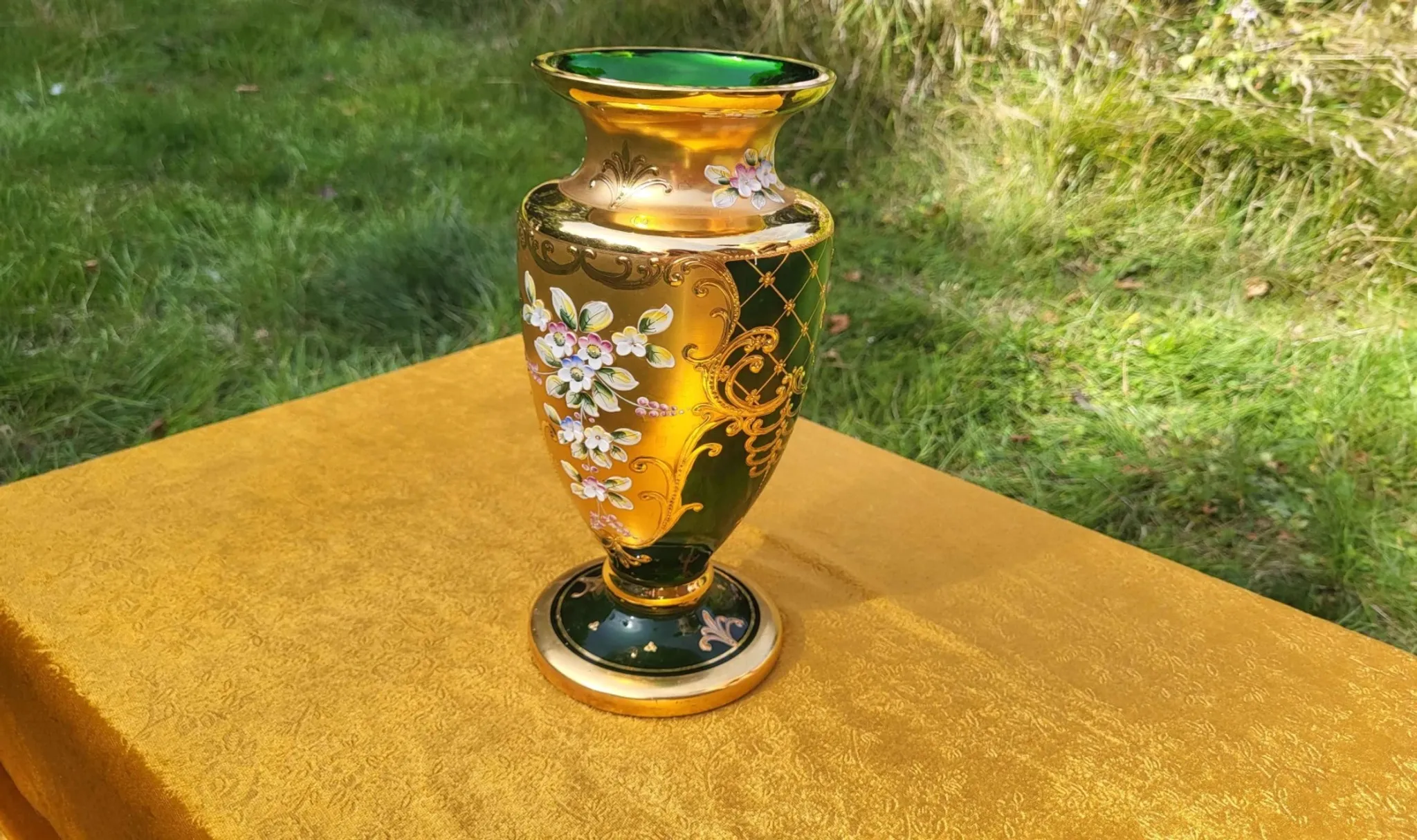Bohemian Crystal Emerald Green Vase with 24K Gold Encrusted Floral Design