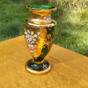 Bohemian Crystal Emerald Green Vase with 24K Gold Encrusted Floral Design