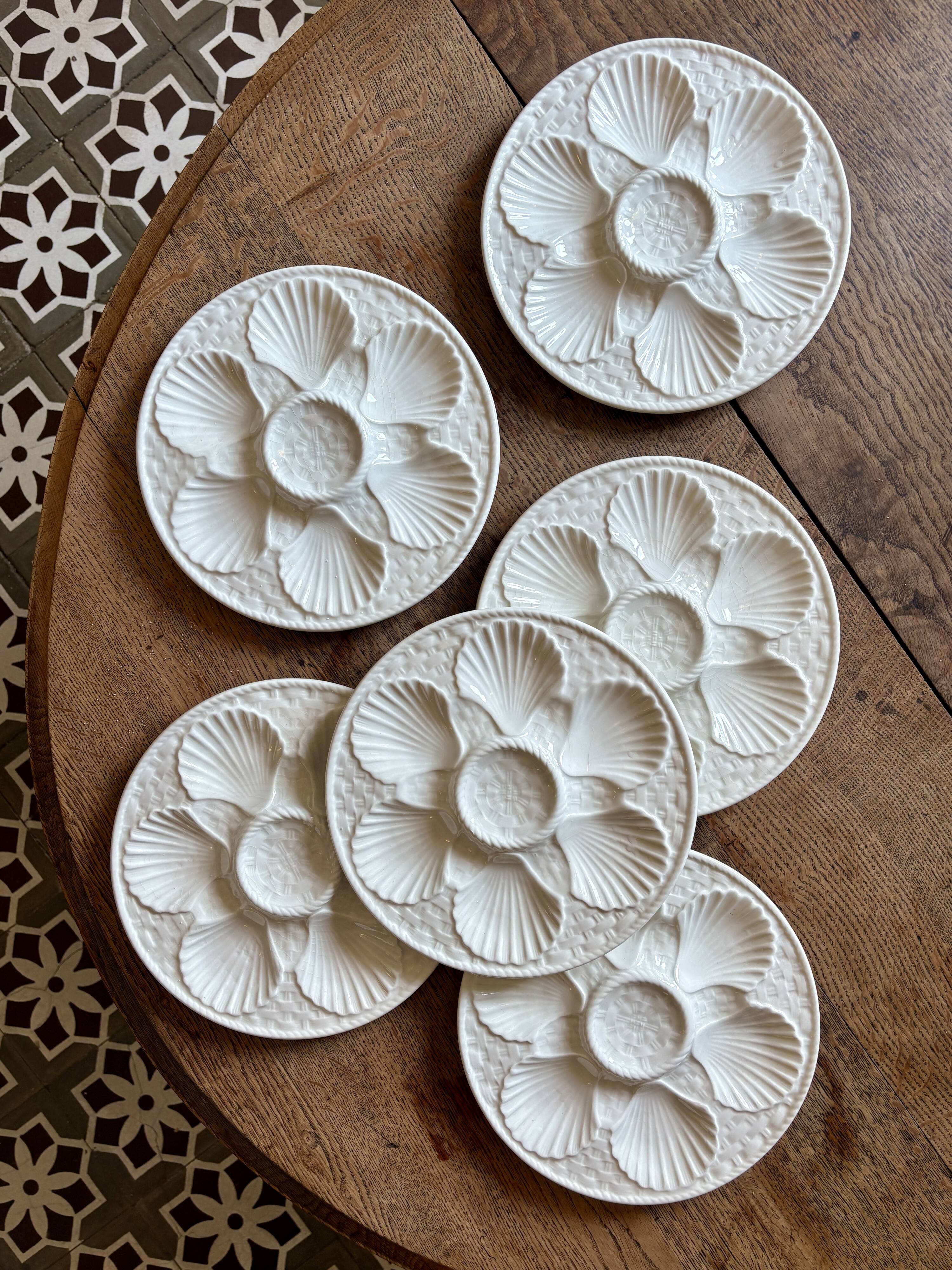 Lot de 6 assiettes à huîtres vintage en céramique blanche - Longchamp