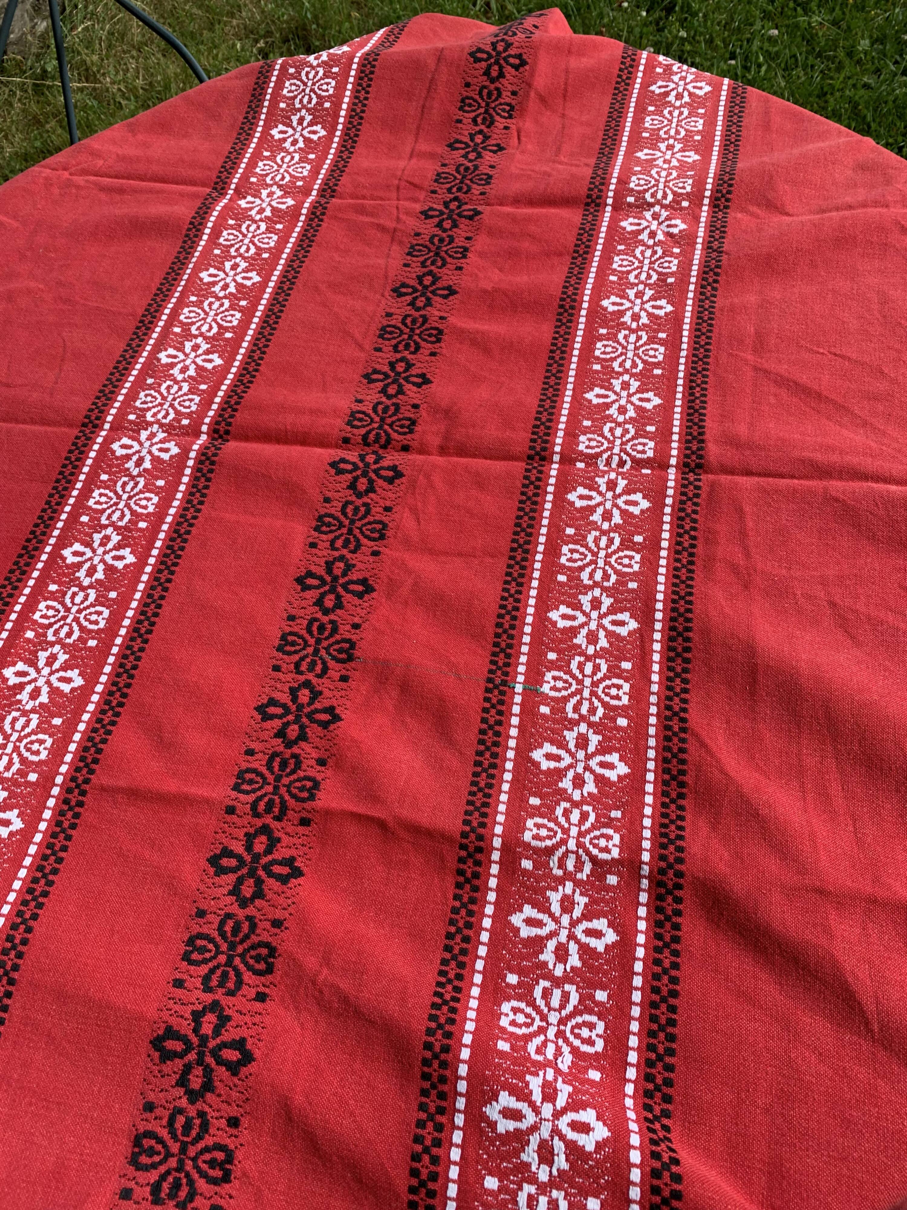Rectangular tablecloth, Basque household linen in red cotton with black and white embroidery, vintage