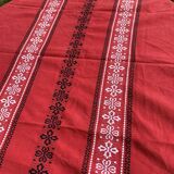 Rectangular tablecloth, Basque household linen in red cotton with black and white embroidery, vintage
