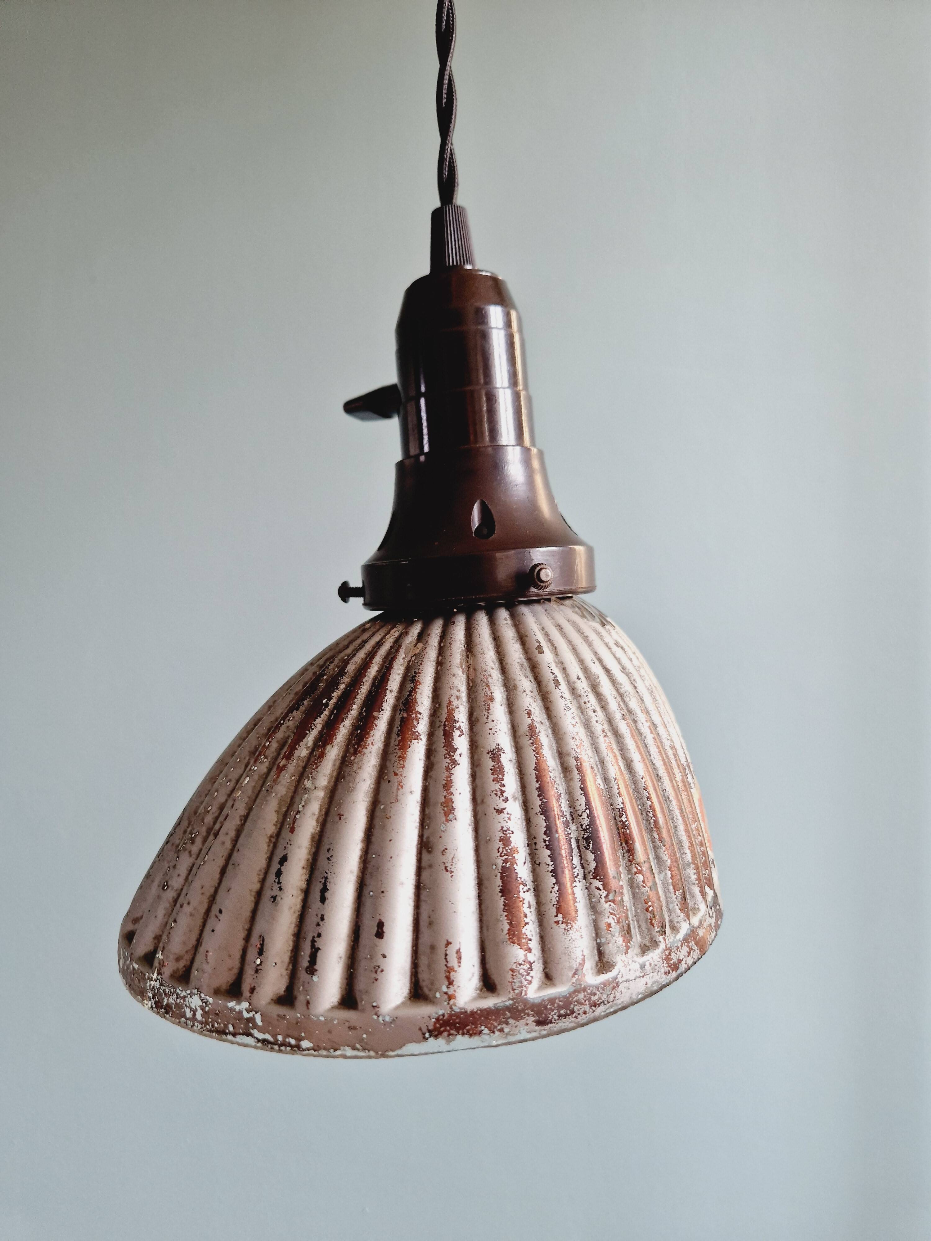 Set of 3 industrial mercury glass pendant lights, GAL (France), 1930s